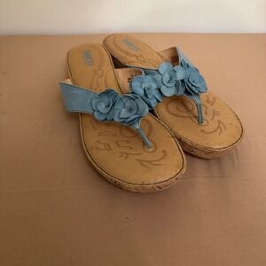 Born‎ Floral Embellished Flip Flop Sandals Blue Cork Wedge Size 10
